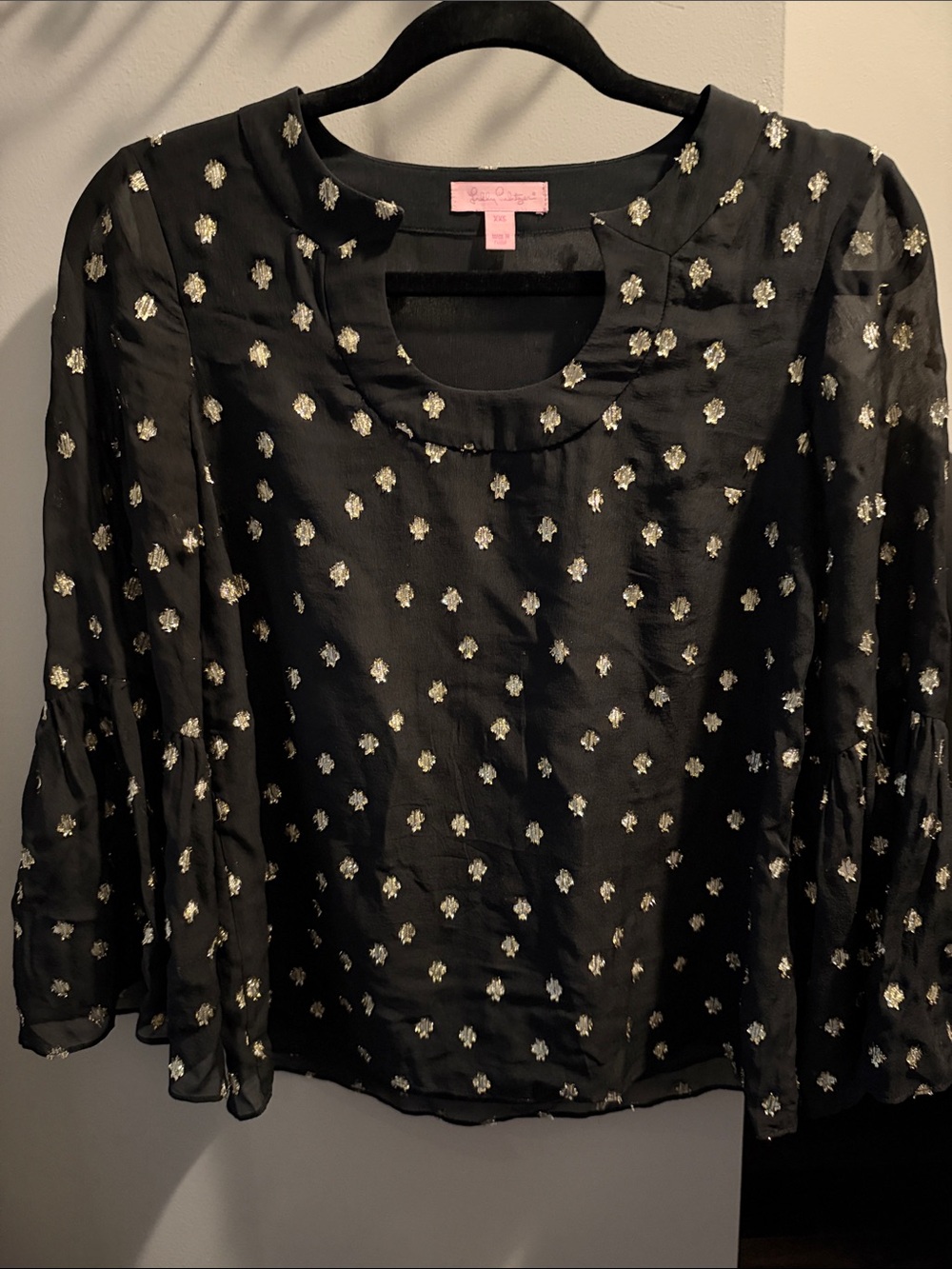 Lilly Pulitzer Black Blouse with Gold Metallic Dot Pattern